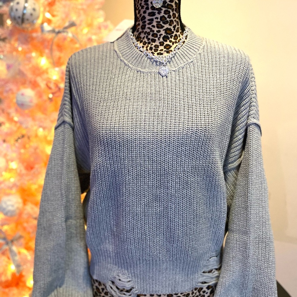 Forever 21 Heather Gray Distressed Crew Neck Sweater